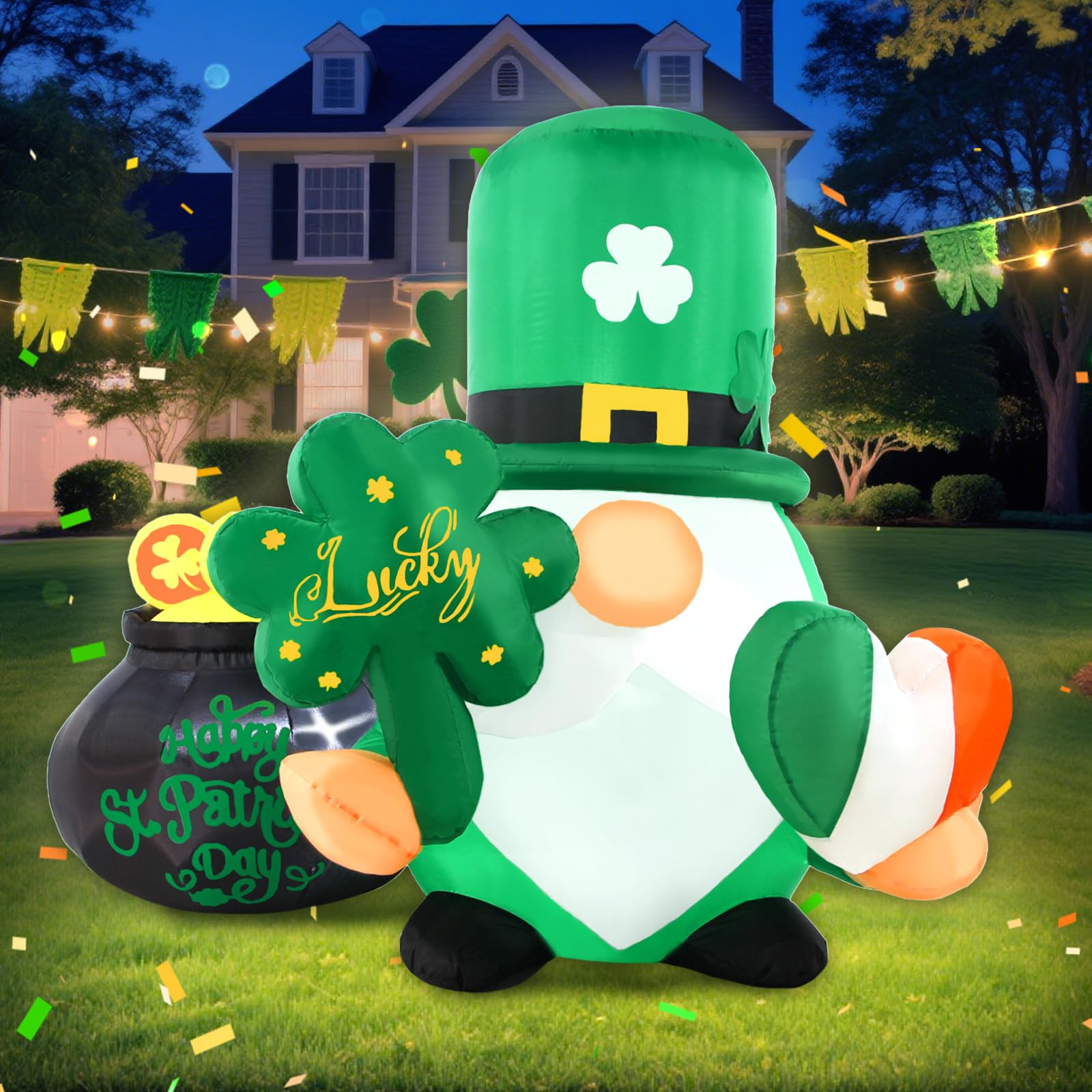 Buheco St Patrick's inflatable gnome with shamrock glows at night for curb appeal