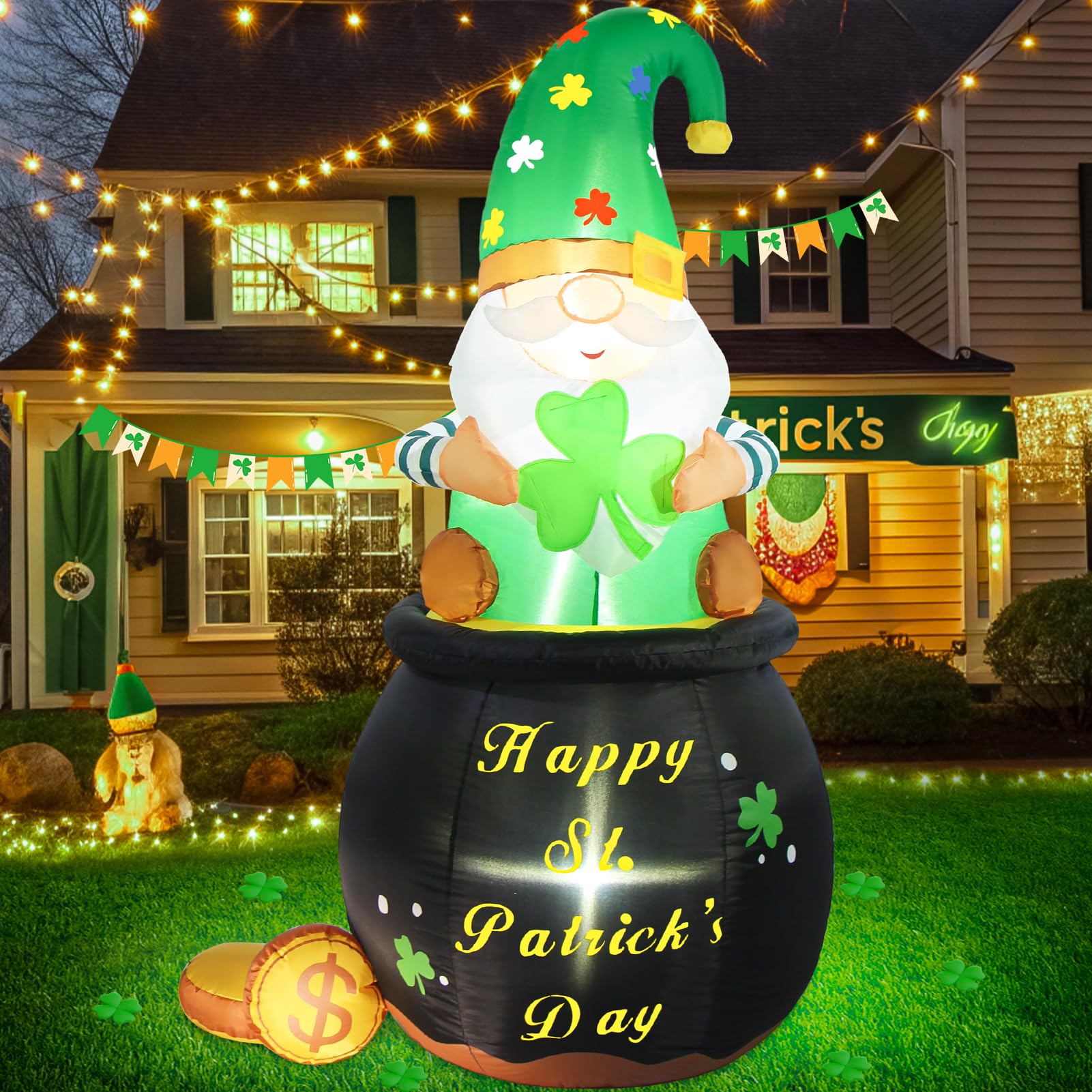 Buheco 5ft leprechaun inflatable with pot of gold glows at night