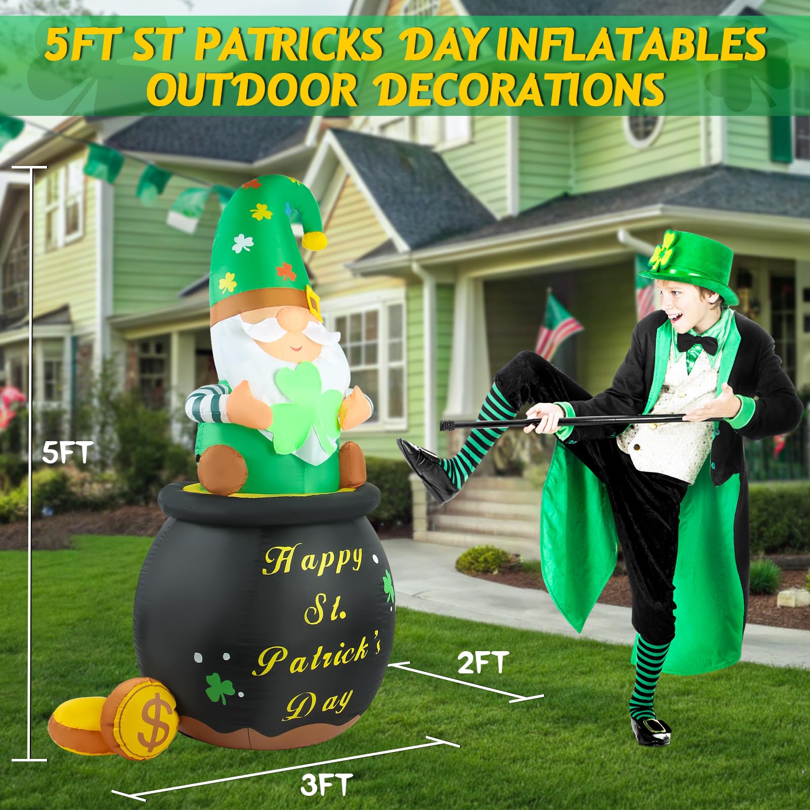 Buheco leprechaun inflatable glowing at night for curb appeal