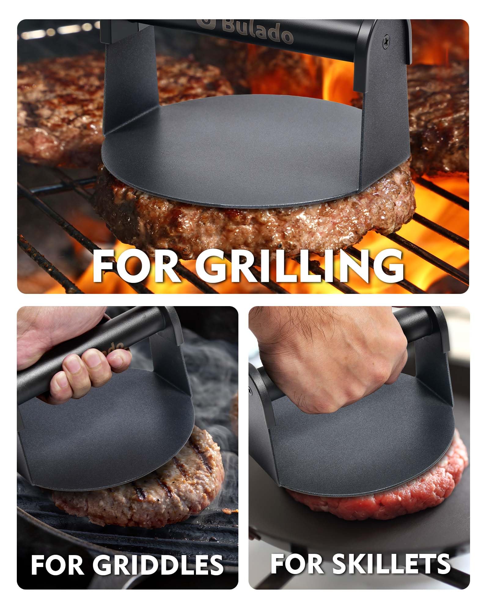 Bulado burger press suits bacon, beef, and more on any cooking surface.