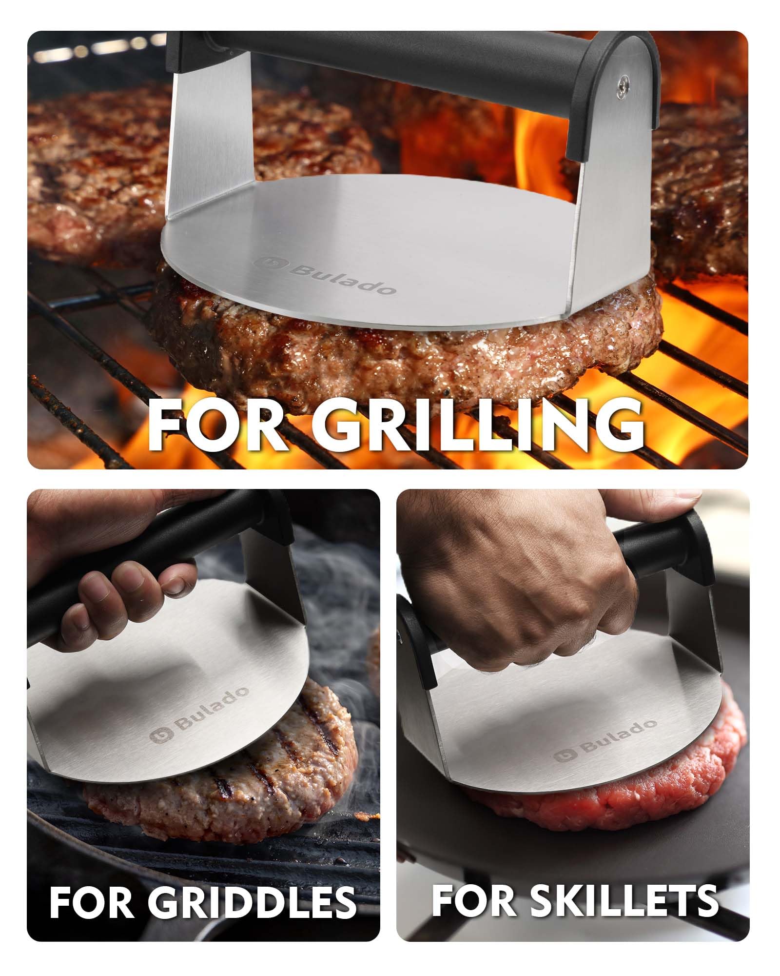 Bulado Multi-Use Tool works on griddle, skillet, grill, or BBQ