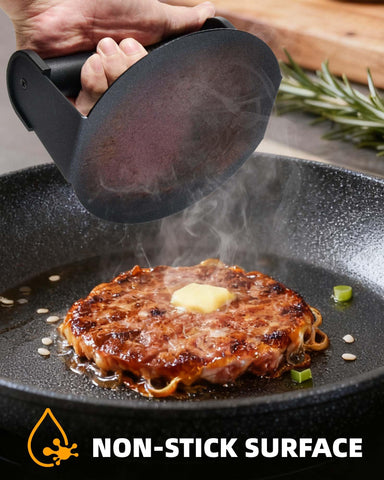 Bulado patty press distributes even heat for uniform burgers on griddle.