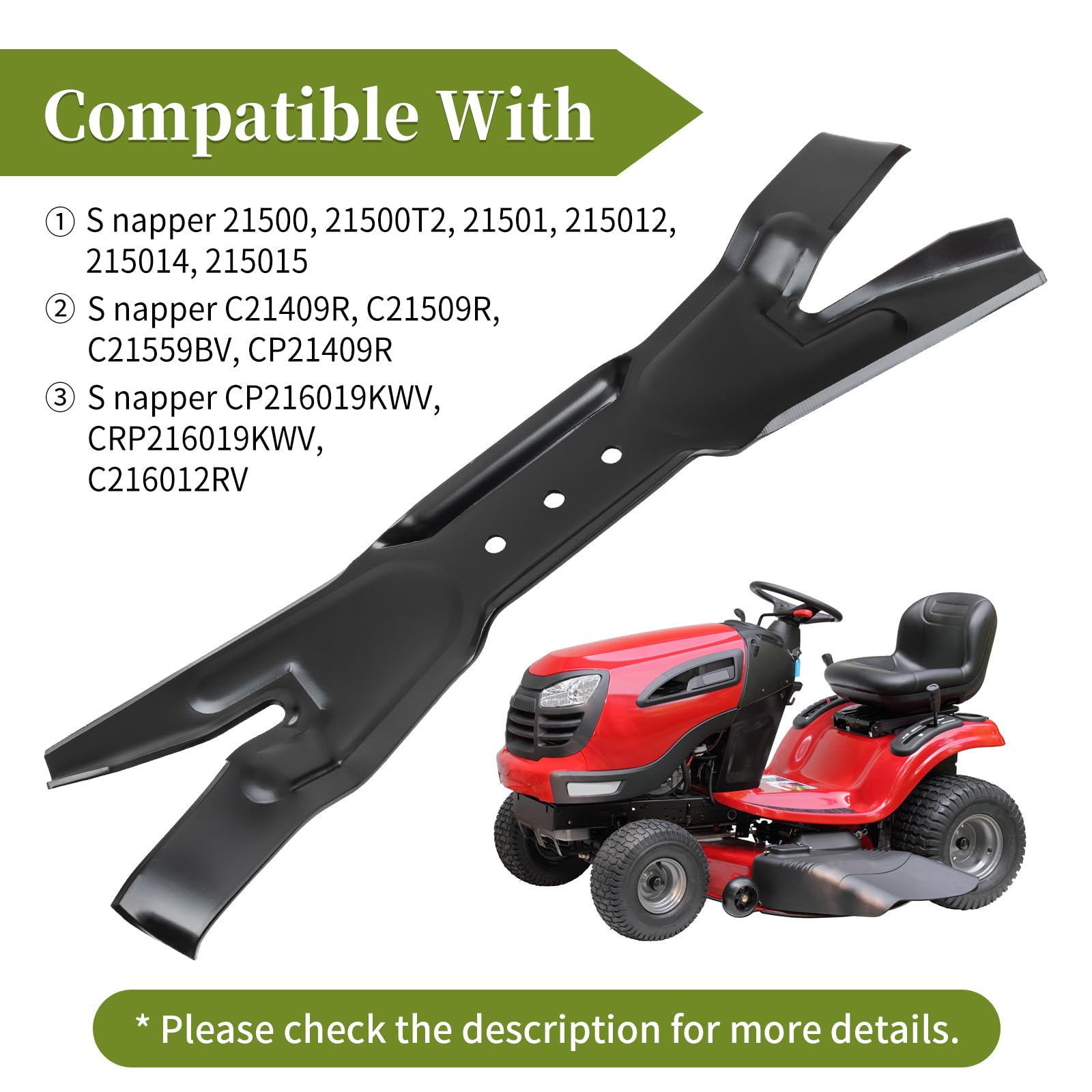 Bularie blade specifications image noting 21-inch deck compatibility and dimensions