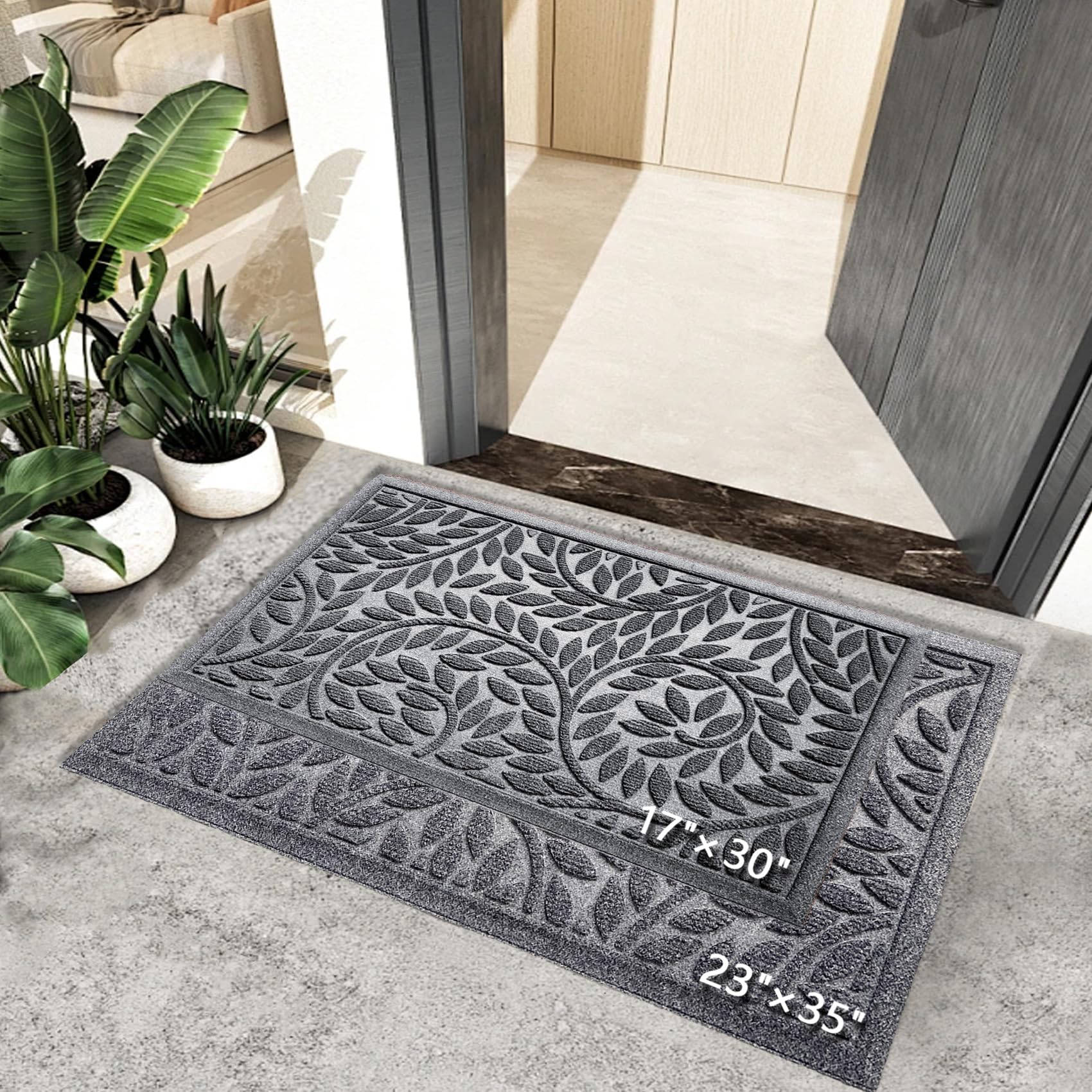 Patterned groove design scrapes dirt and moisture at the doorway.