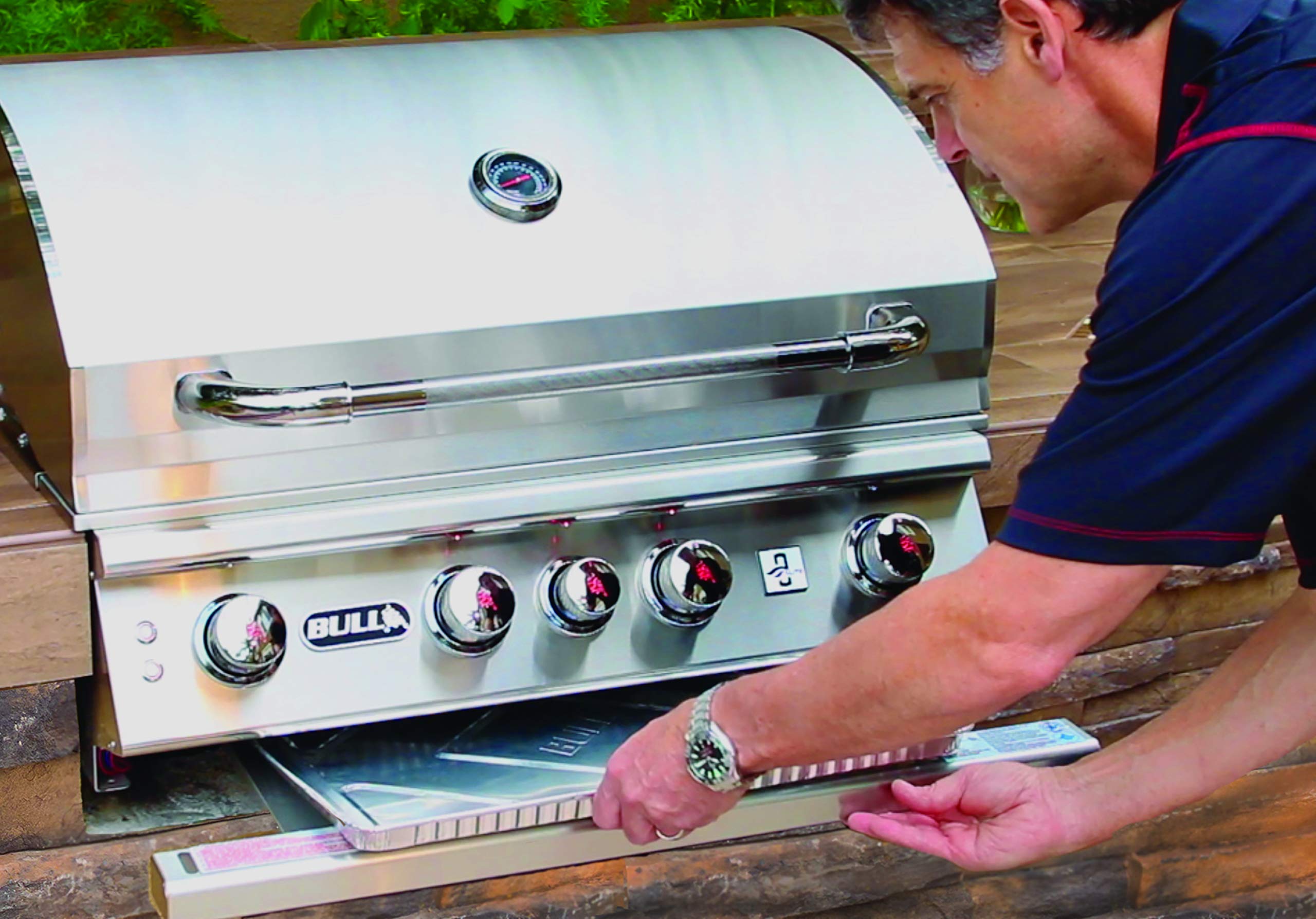 Bull Outdoor grease tray liner, lightweight aluminum, simplifies disposal and replacement.