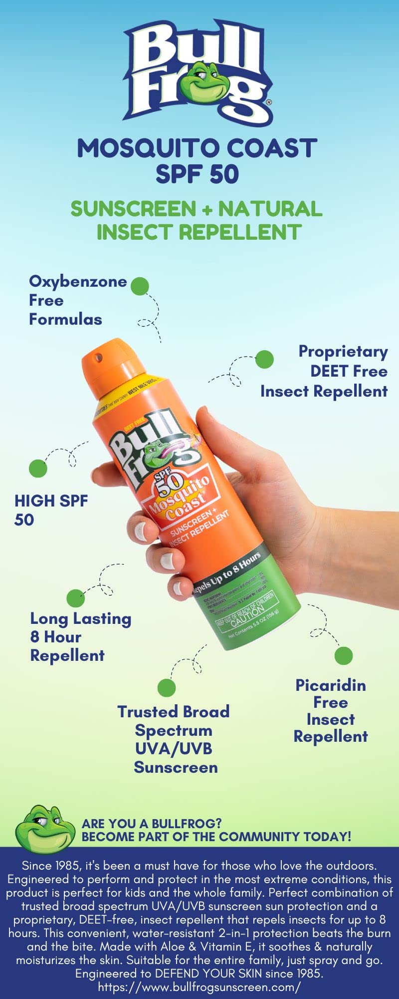 Bullfrog Mosquito Coast packaging highlights DEET-free, oxybenzone-free protection.