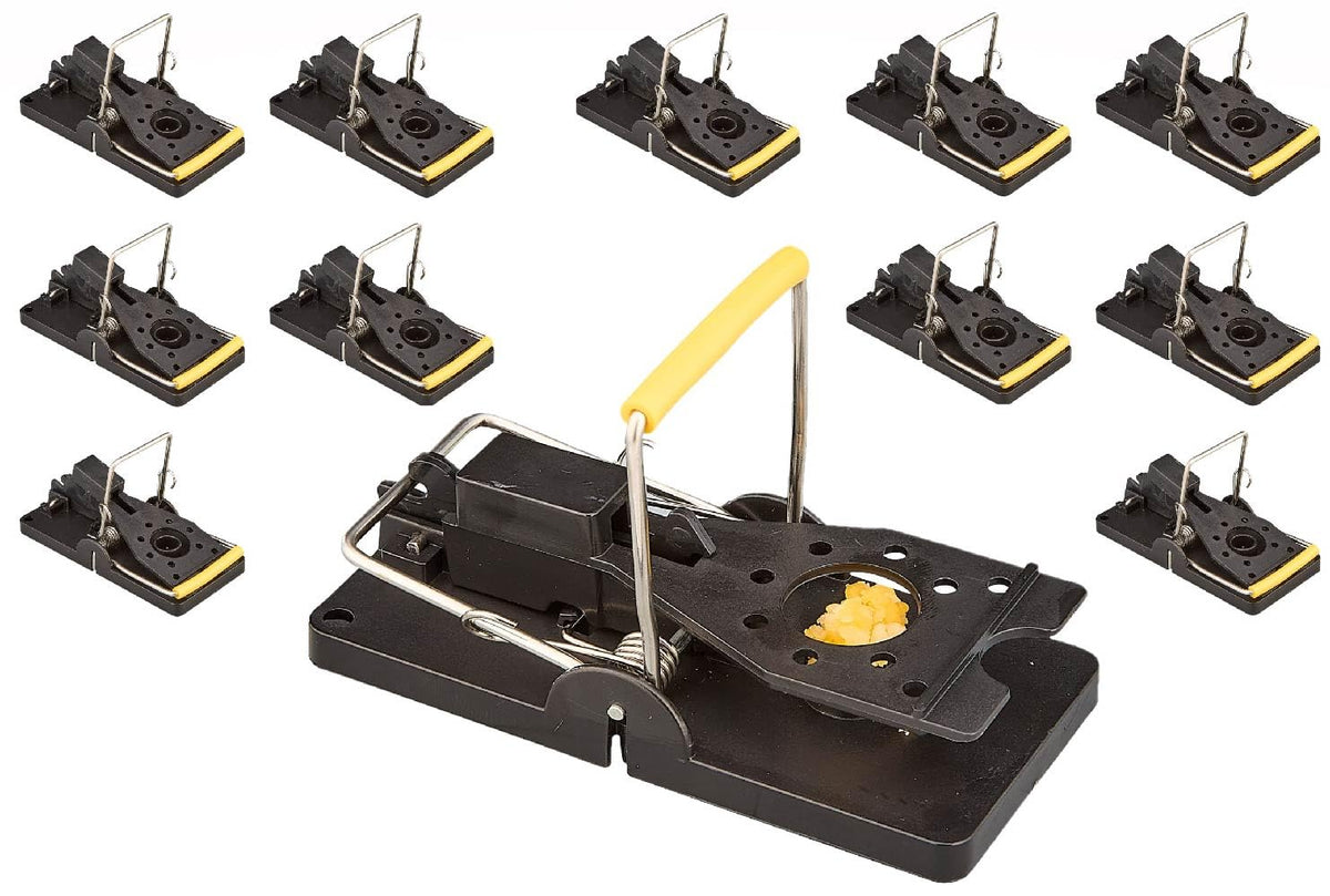 Bullseye 12-pack mouse traps for indoor and outdoor use with reliable control.