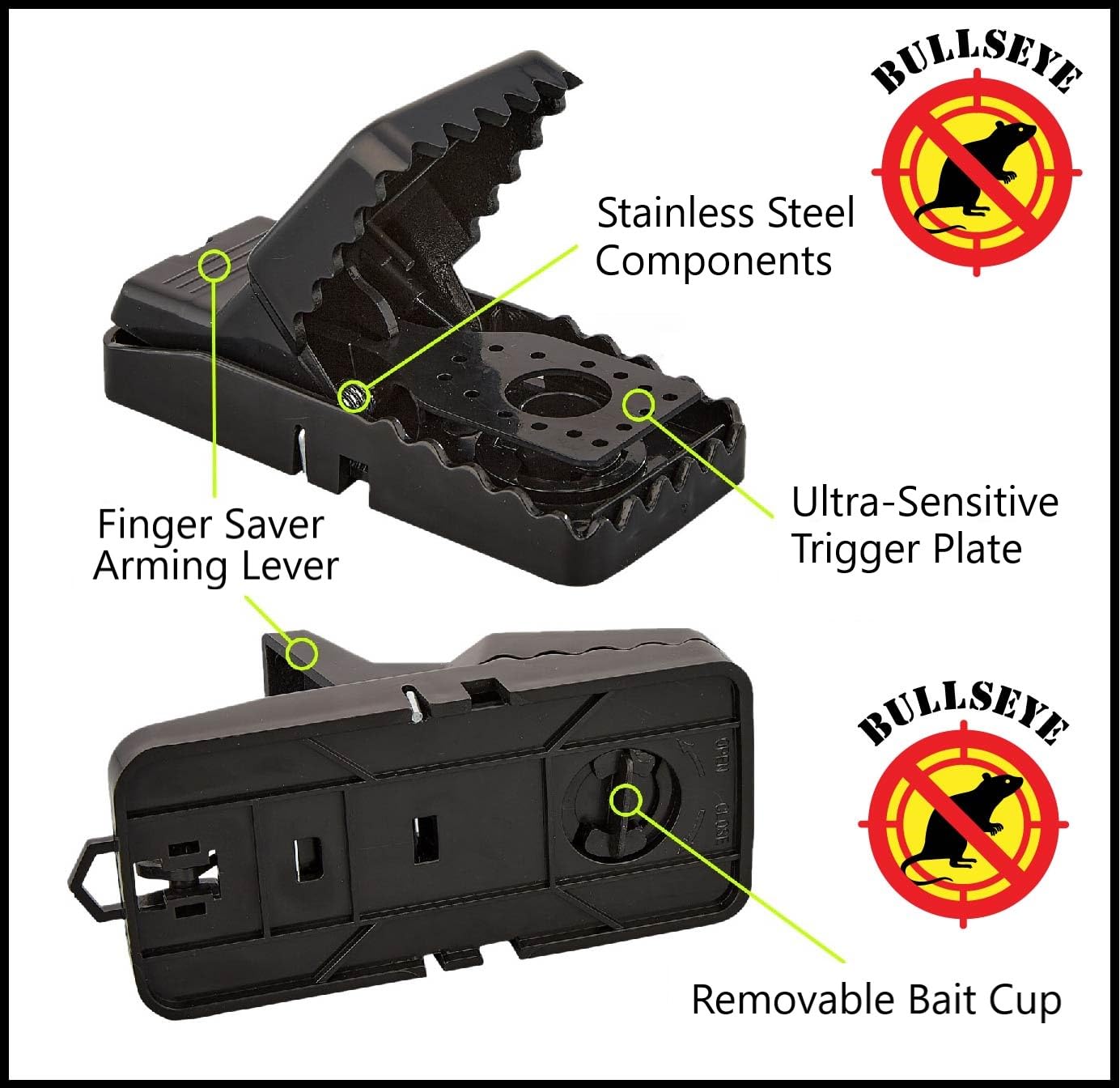 Bullseye traps feature a stainless steel spring for reliable snaps.