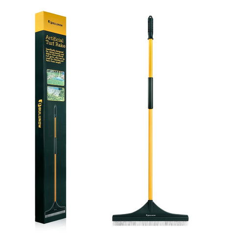 Bulunow artificial turf rake 55-inch handle for extended reach and easy debris removal.