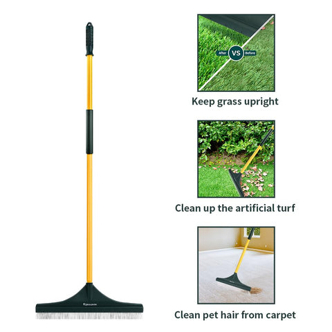 Bulunow turf rake one-piece pole design reduces breaks and maintenance.