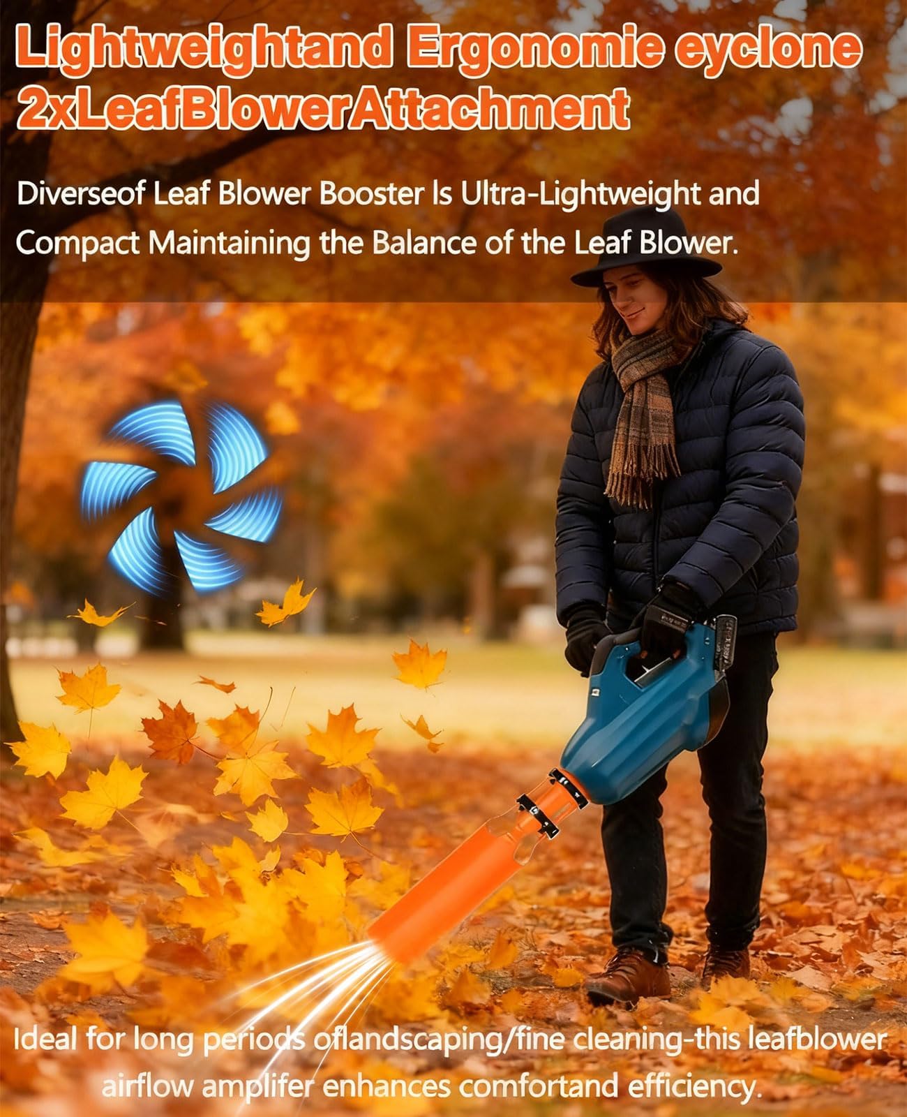 Bumilily air booster nozzle attached to blower enhances airflow for quicker debris removal.