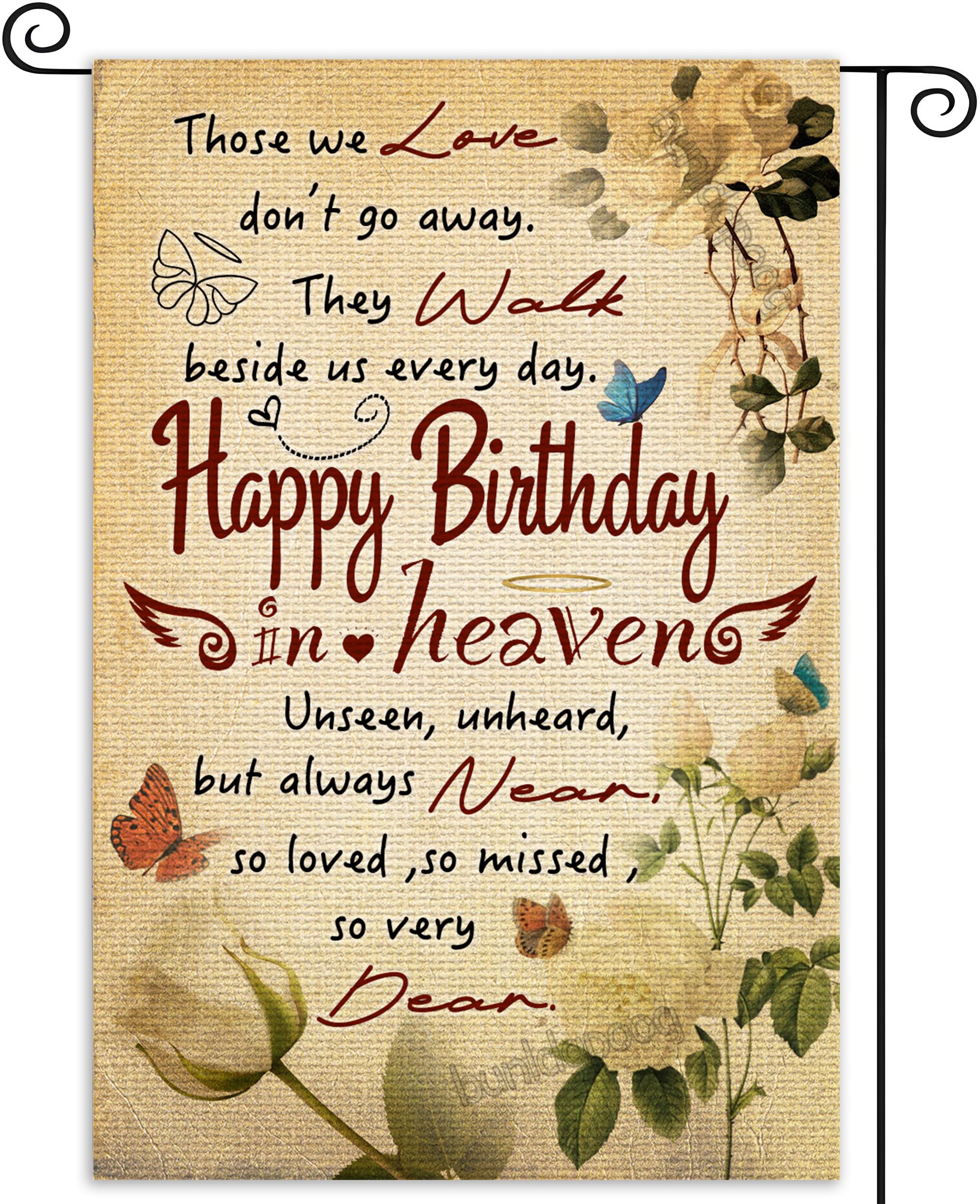Bunldapoog birthday in heaven banner on burlap flag for outdoor memorial display.