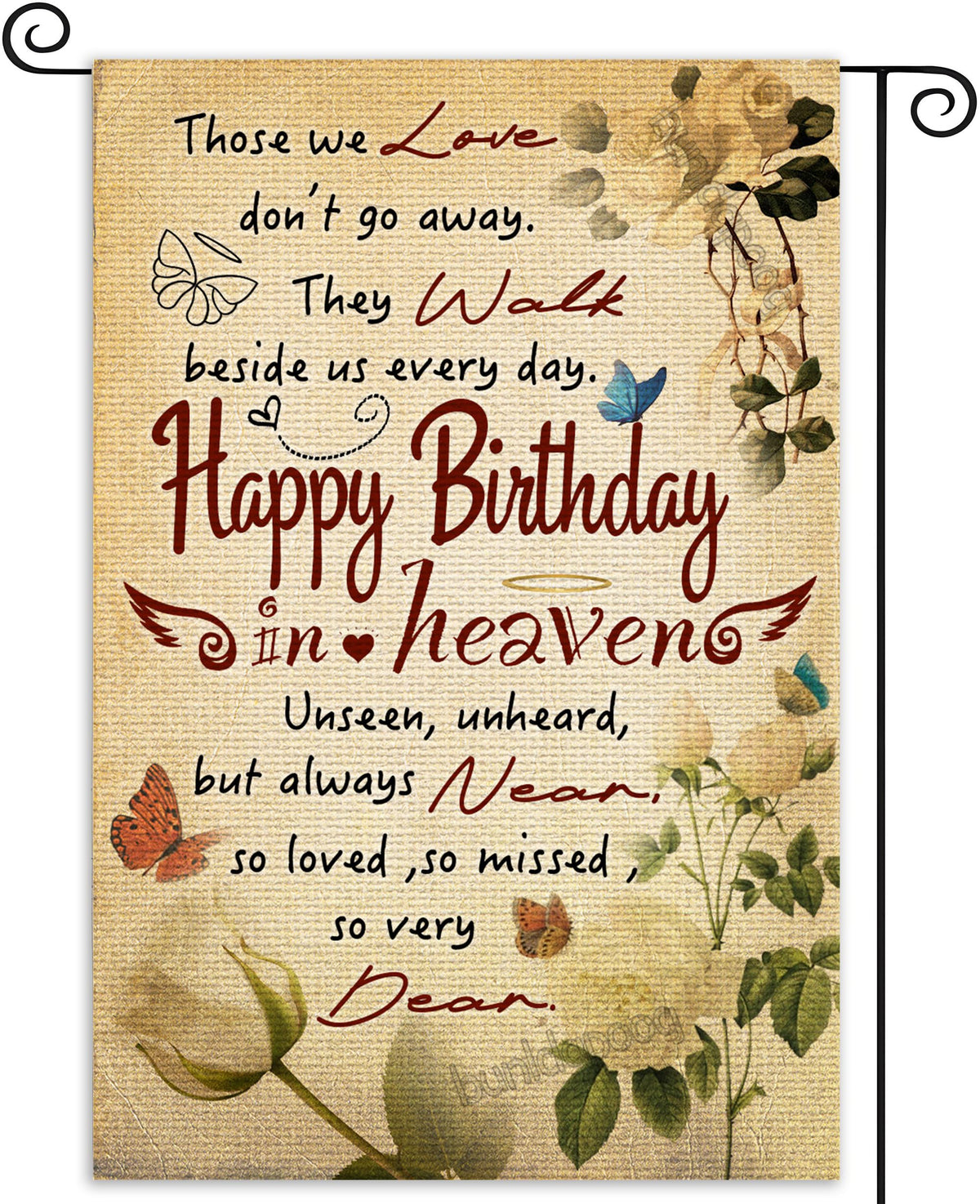 Bunldapoog birthday in heaven banner on burlap flag for outdoor memorial display.