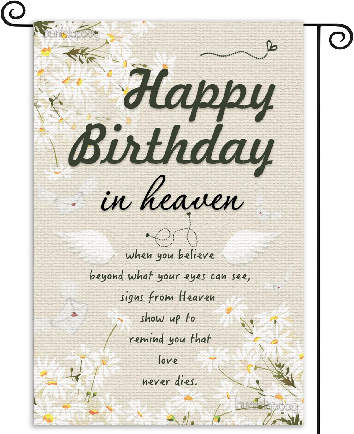 bunldapoog Happy Birthday in Heaven banner burlap flag for outdoor memorial display.