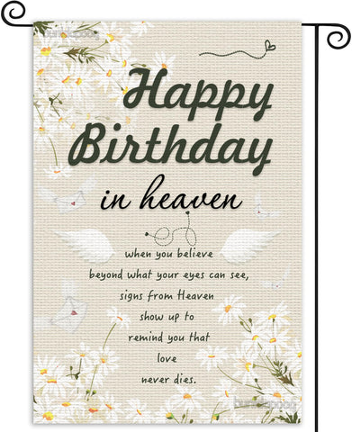 bunldapoog Happy Birthday in Heaven banner burlap flag for outdoor memorial display.