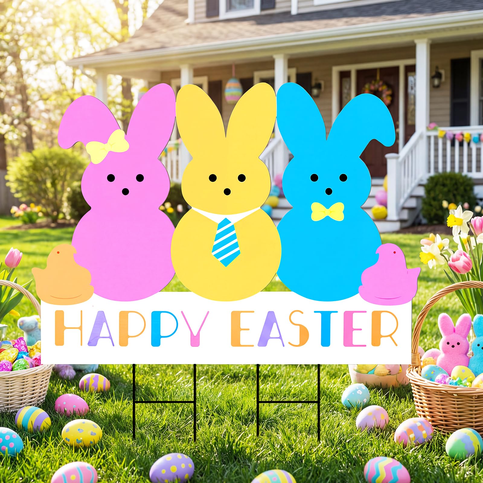 Bunny Chorus Easter yard sign with interlocking plates stands sturdy outdoors.