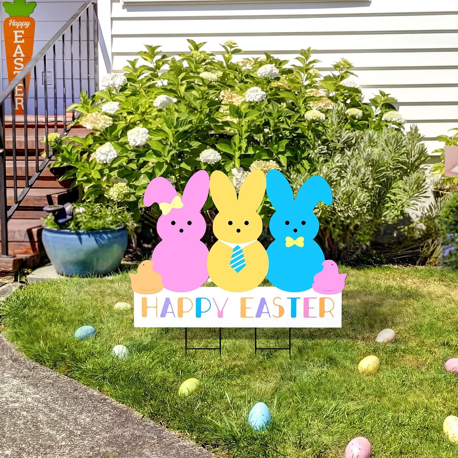 Bunny Chorus weatherproof yard decor remains vibrant through spring weather.