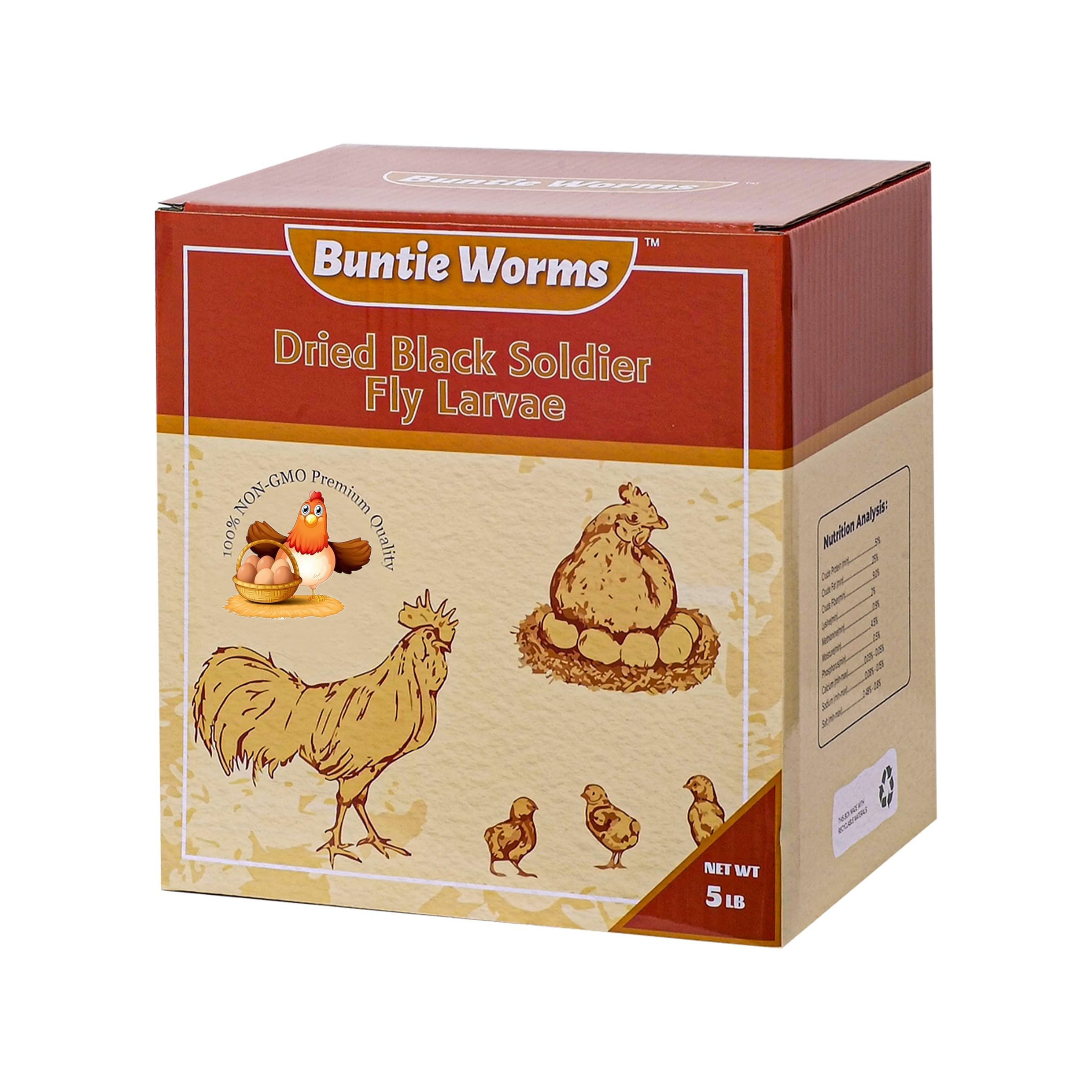 BUNTIE WORMS packaging for dried BSFL larvae, ideal for cool, dry storage.