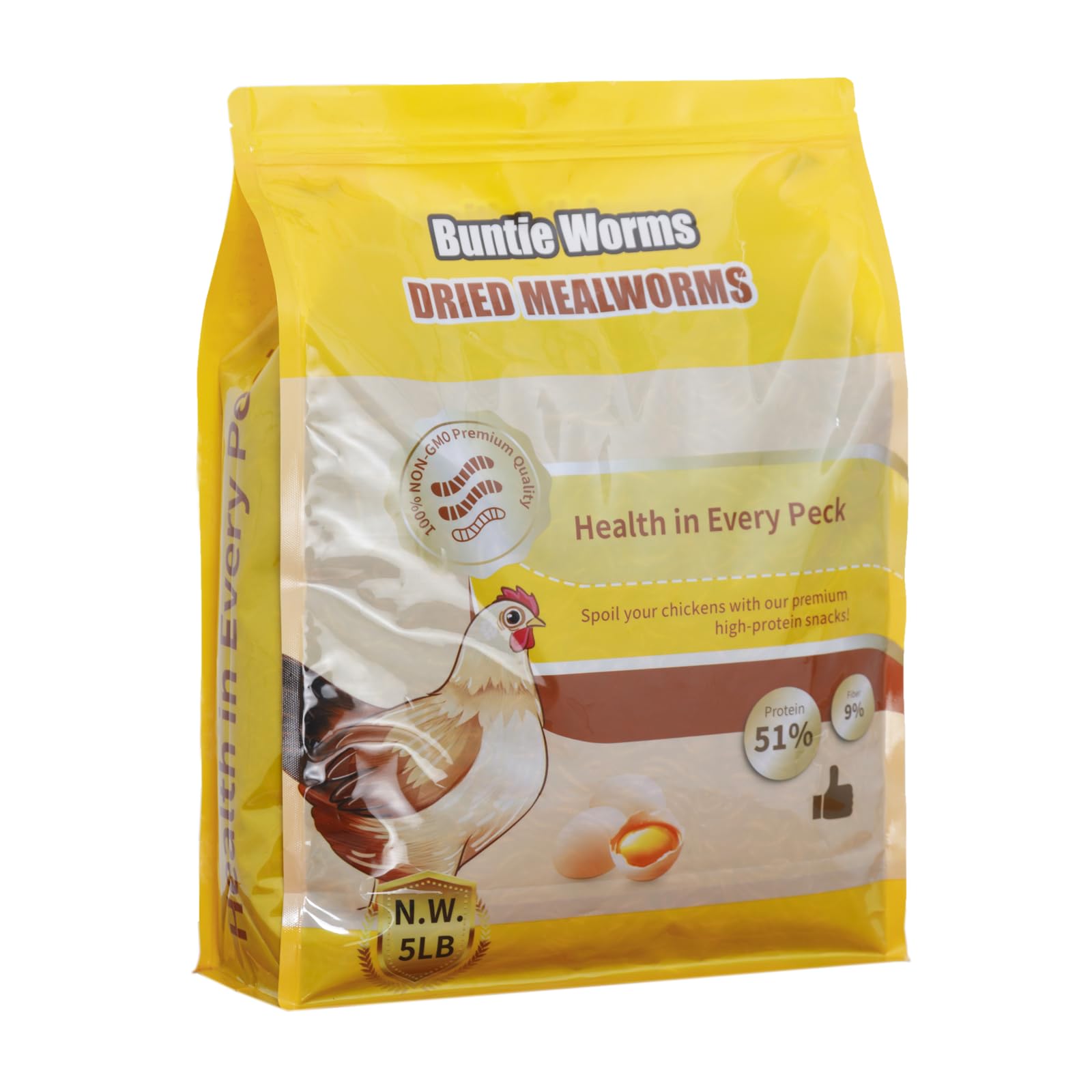 BUNTIE WORMS 5LB packaging showing a protein-rich natural poultry treat.