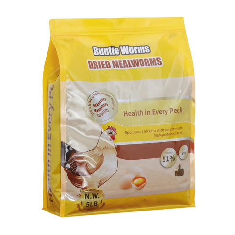 BUNTIE WORMS 5LB packaging showing a protein-rich natural poultry treat.