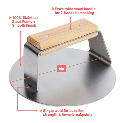 Burger Iron Sasquash smooth bottom helps prevent sticking during use.