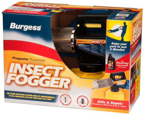 Burgess fogger releasing fine mist across landscaping to reach hidden mosquitoes.
