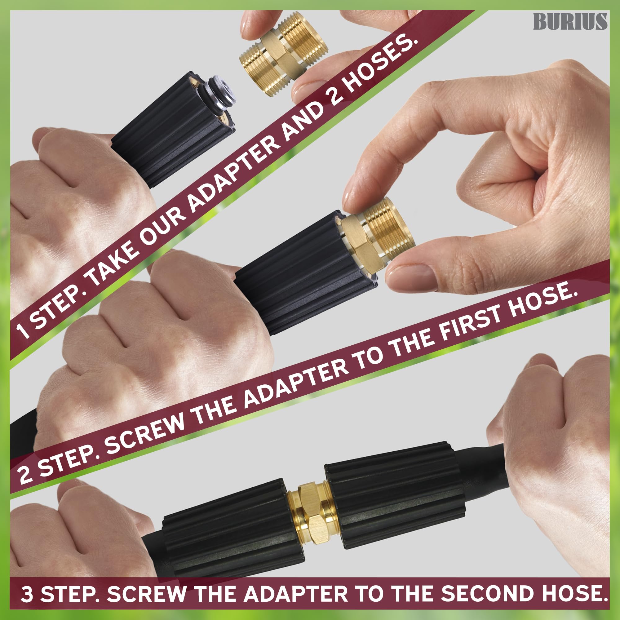 BURIUS quick-connect no-leak design depicted for mess-free tool changes.