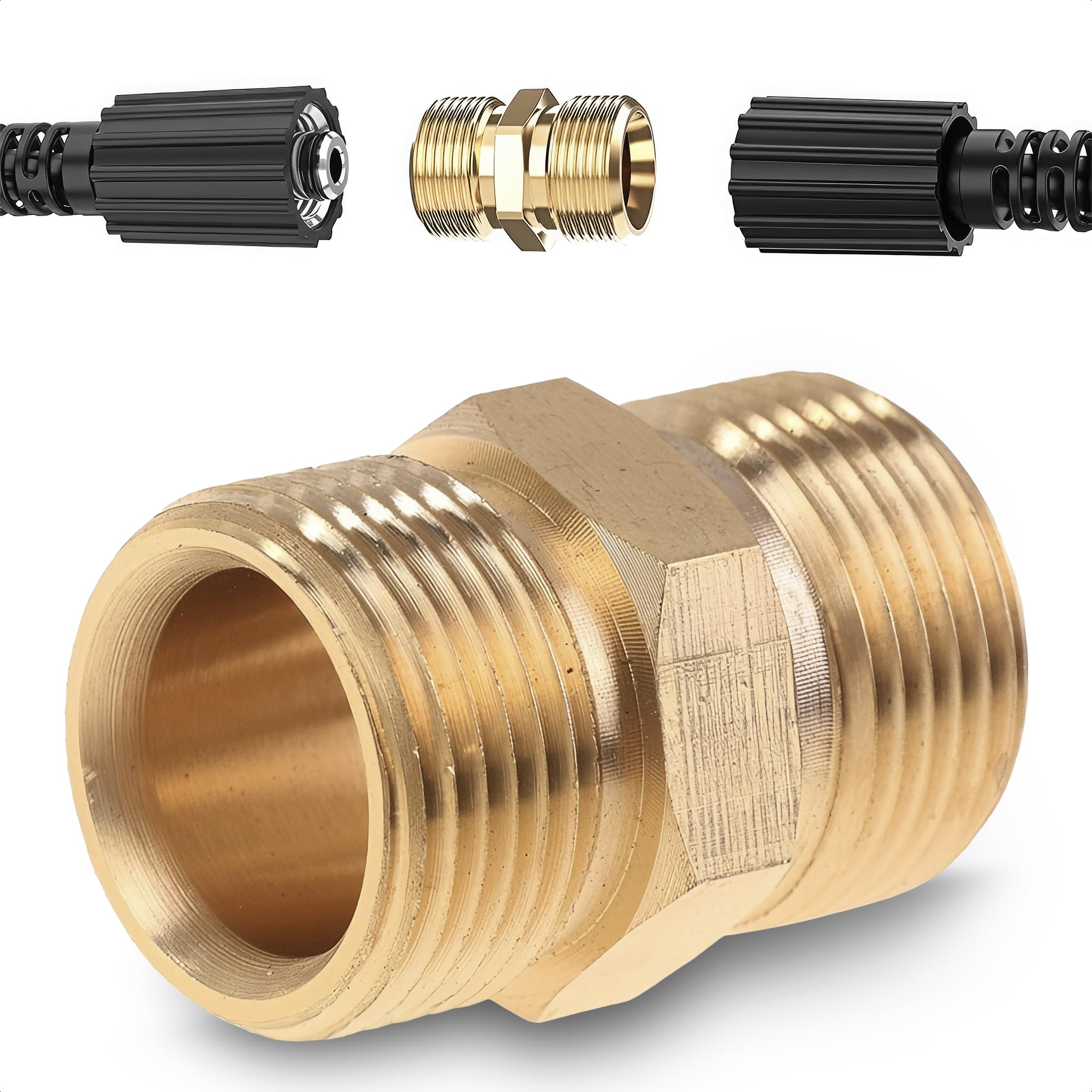 BURIUS pressure washer hose connector M22-14mm close-up shows brass durability for tough outdoor cleaning.