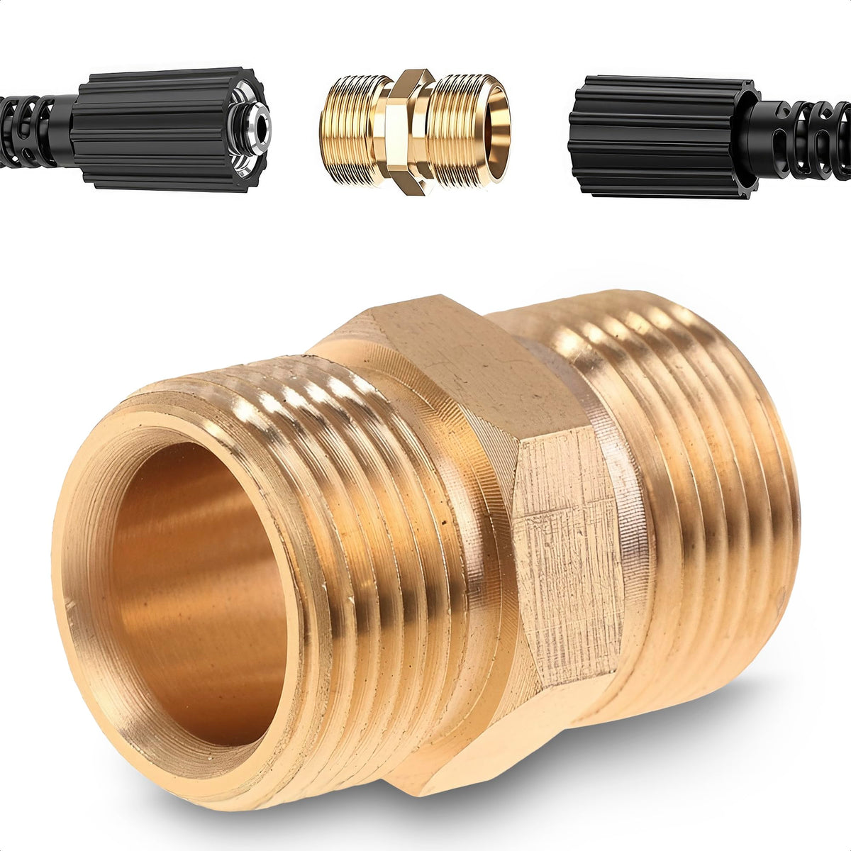 BURIUS pressure washer hose connector M22-14mm close-up shows brass durability for tough outdoor cleaning.