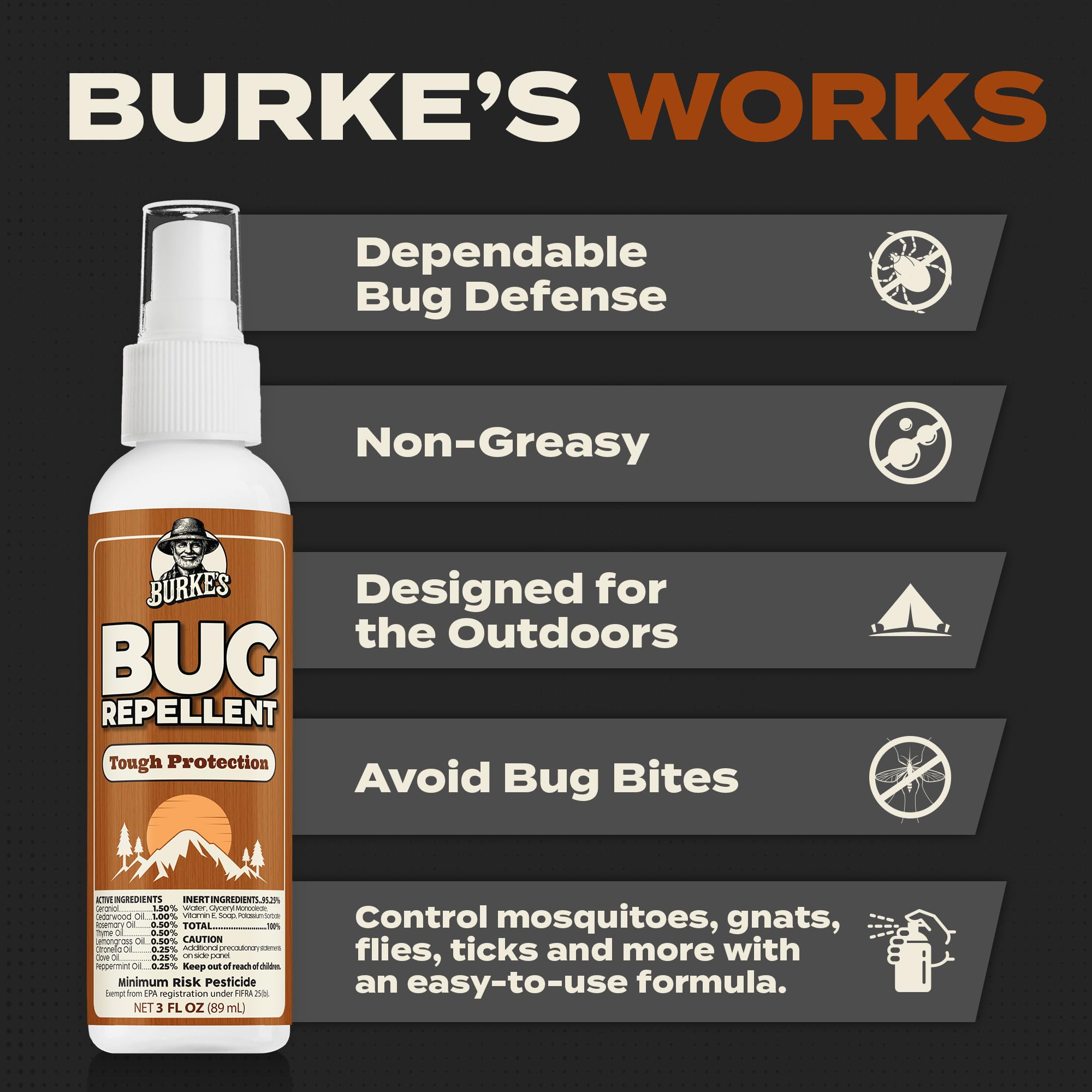 Burke’s Bug Repellent Spray kid-pet safe icon communicates family-friendly use.