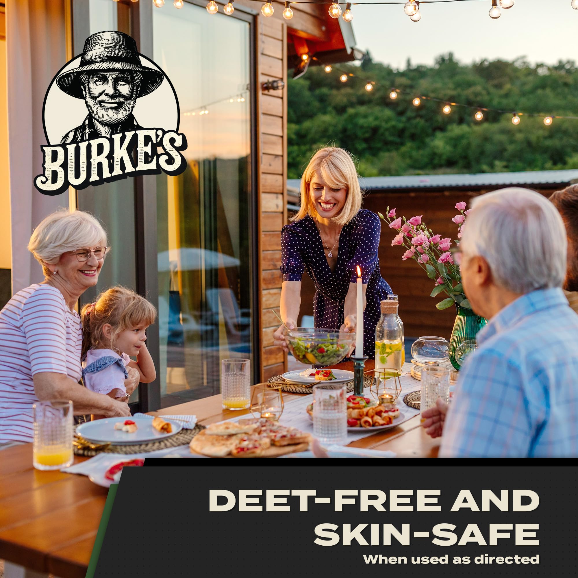 Burke's Mosquito Repellent at a patio setup for yard protection.