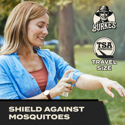 Burke's Mosquito Repellent spray being applied outdoors for quick relief.