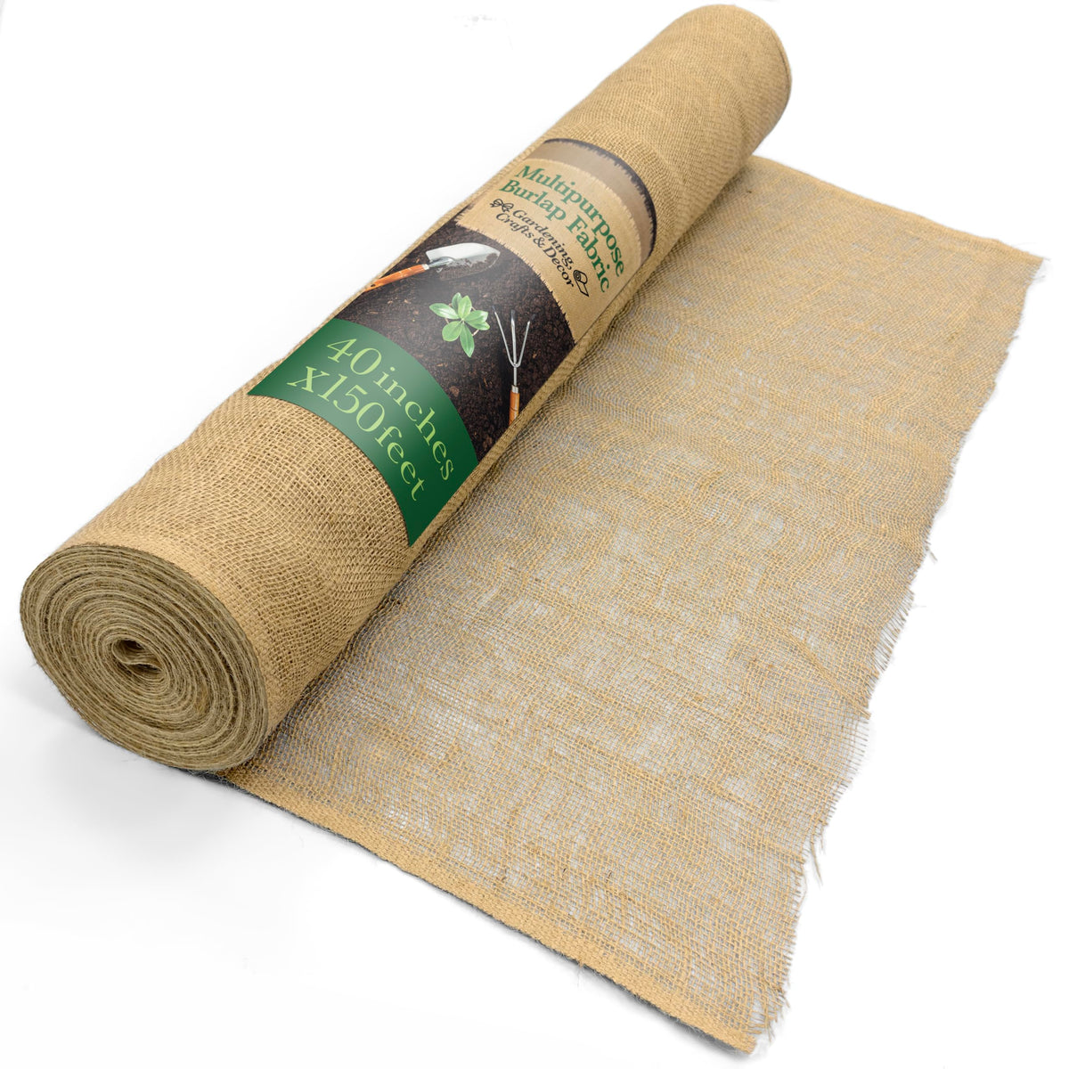 Burloptuous burlap roll full-length view showing natural jute fabric for garden protection.