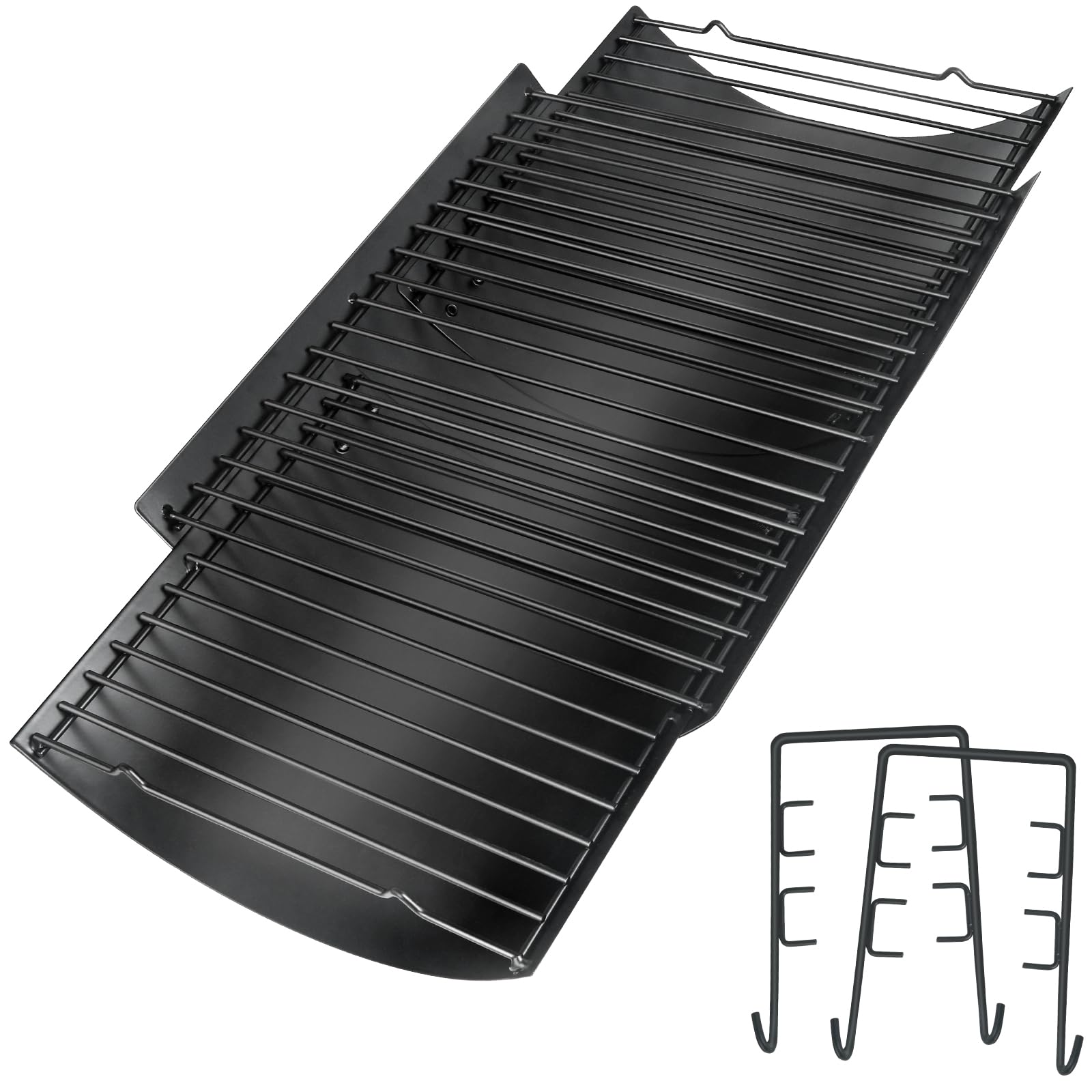 Burly Grill adjustable ash pan shown extending from 23 to 34 inches for flexible fits.