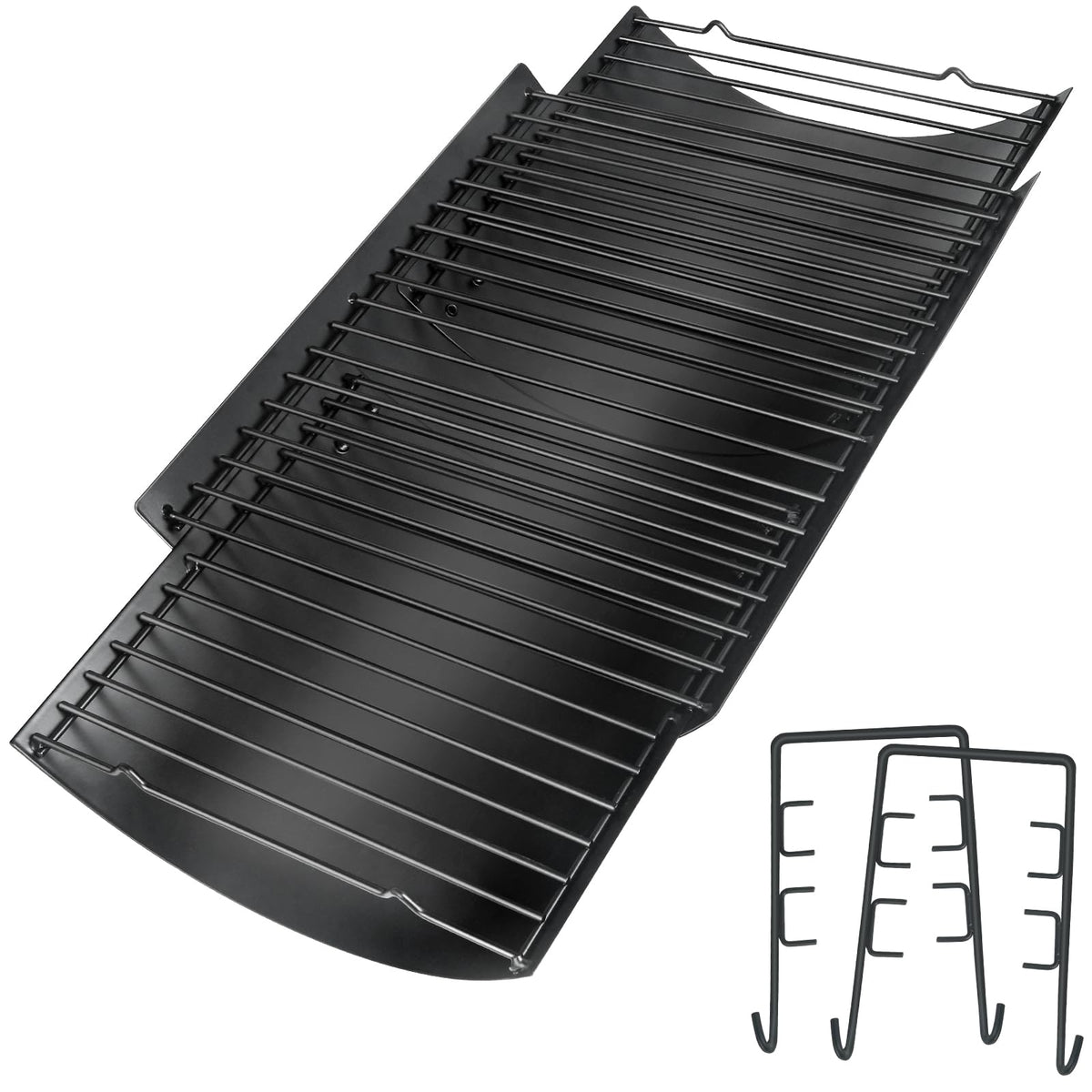 Burly Grill adjustable ash pan shown extending from 23 to 34 inches for flexible fits.