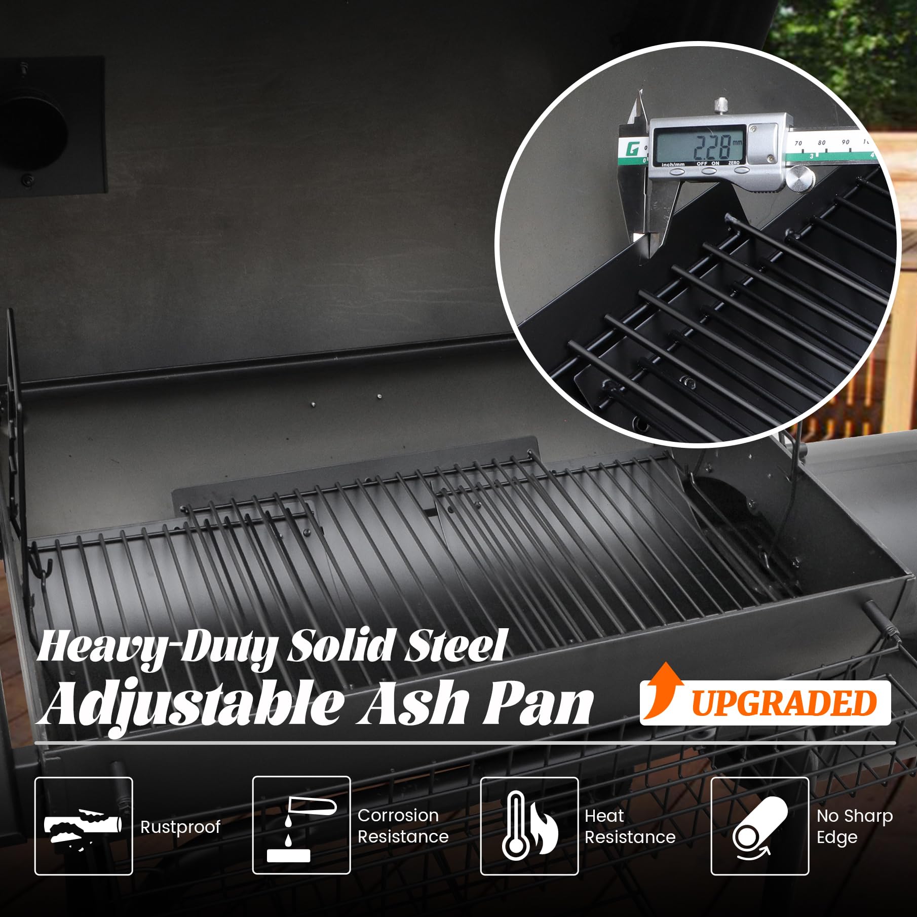 Burly Grill ash pan with two grate hangers enabling quick removal and cleaning.