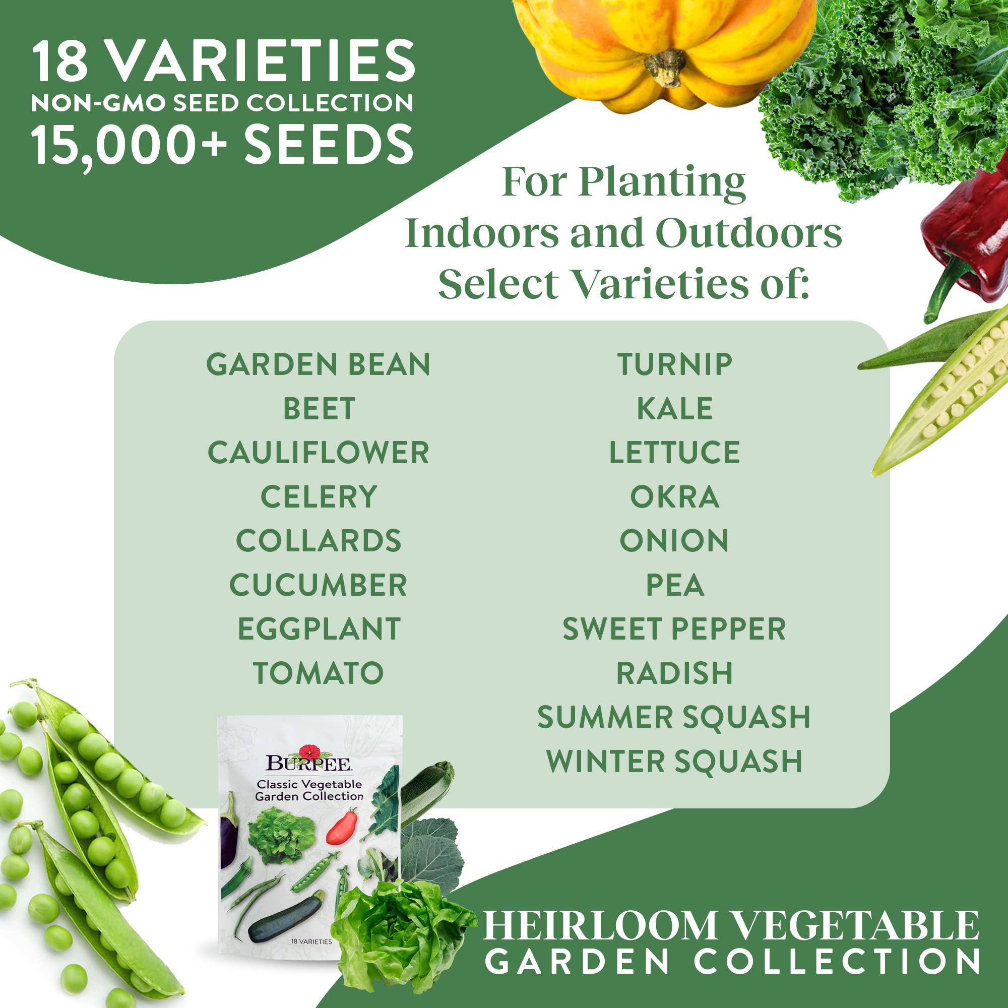 Burpee seeds set featuring 18 varieties for diverse backyard planting.