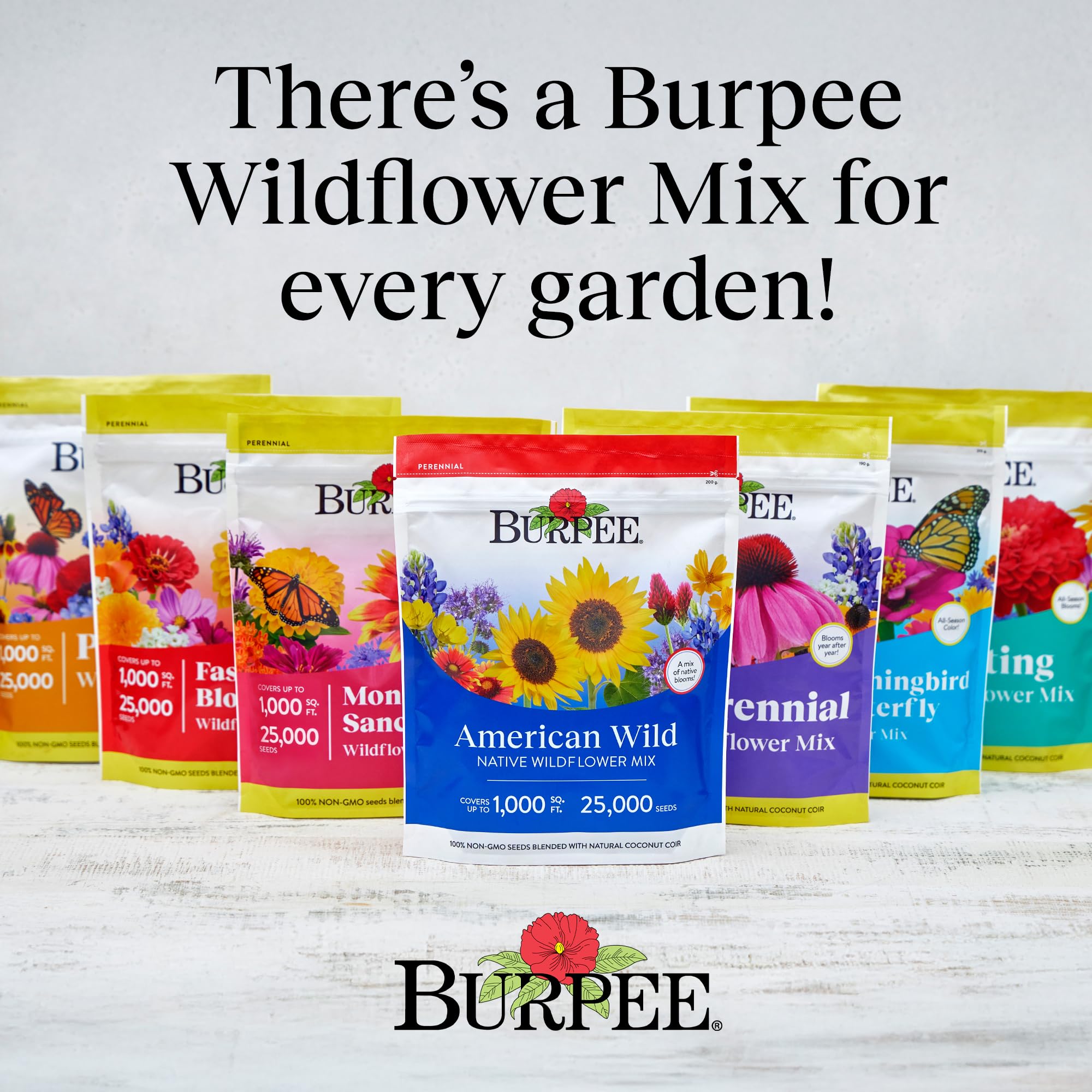 Burpee American Wild USA-grown blend signaling local, sustainable production.