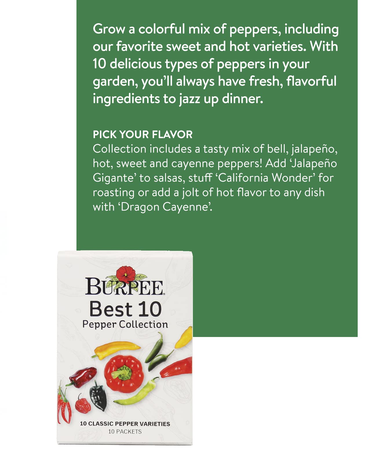 Burpee Best Collection bell pepper seeds for sweet peppers and roasting.