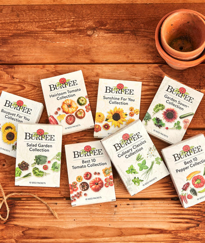 Burpee Best Collection seed packets with clear sowing guidelines.