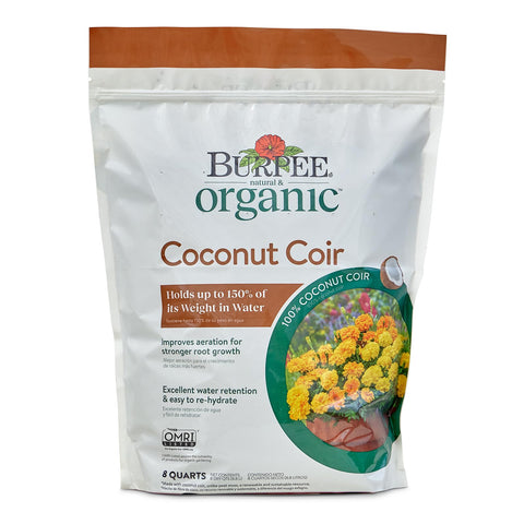 Burpee coconut coir 8-quart bag ideal for seed starting and moisture retention.