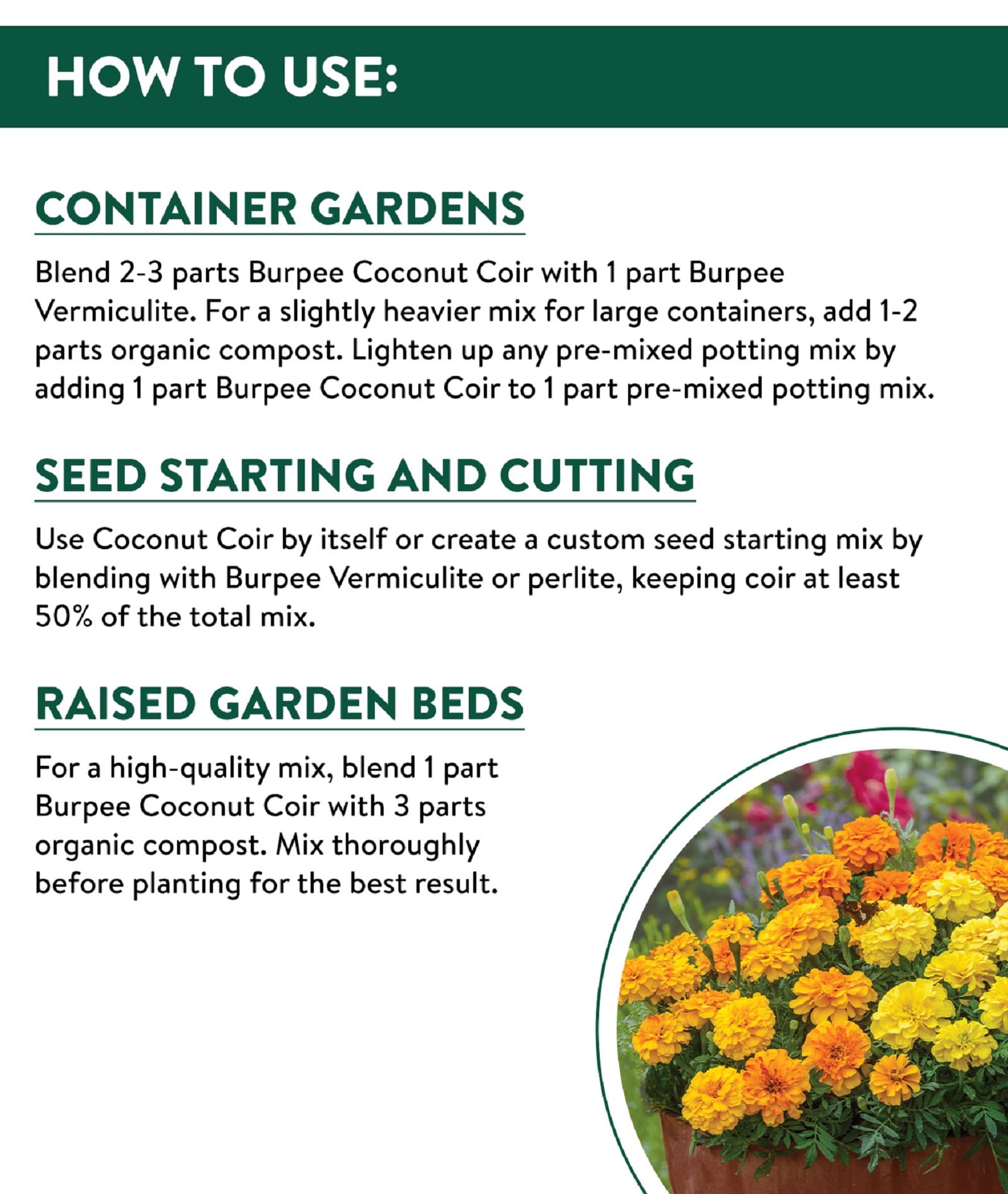 Burpee coconut coir for containers enhances root growth with better air flow.