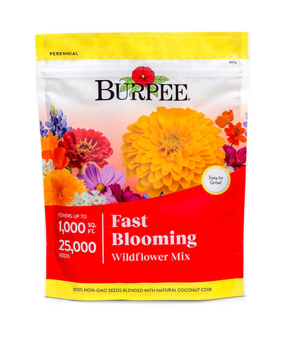 Burpee fast blooming wildflower seed mix packaging shows easy sowing for vibrant pollinator-friendly gardens.