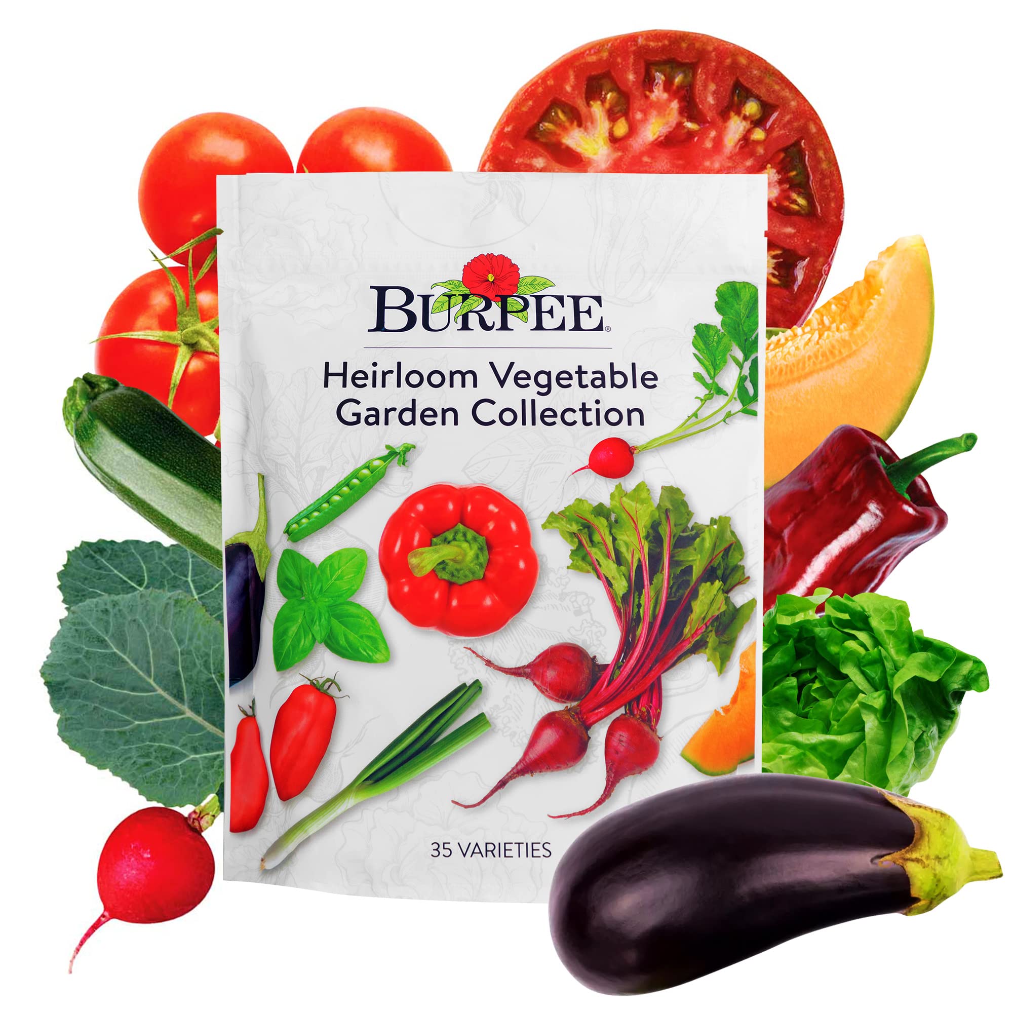 Burpee Heirloom Collection seed pack laid out for planning a diverse home garden