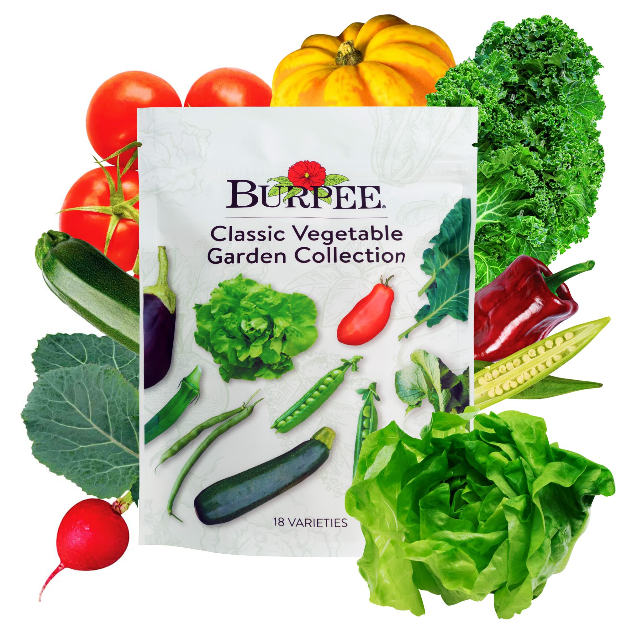 Burpee Heirloom Seeds Collection pack showing 18 varieties for home gardens.