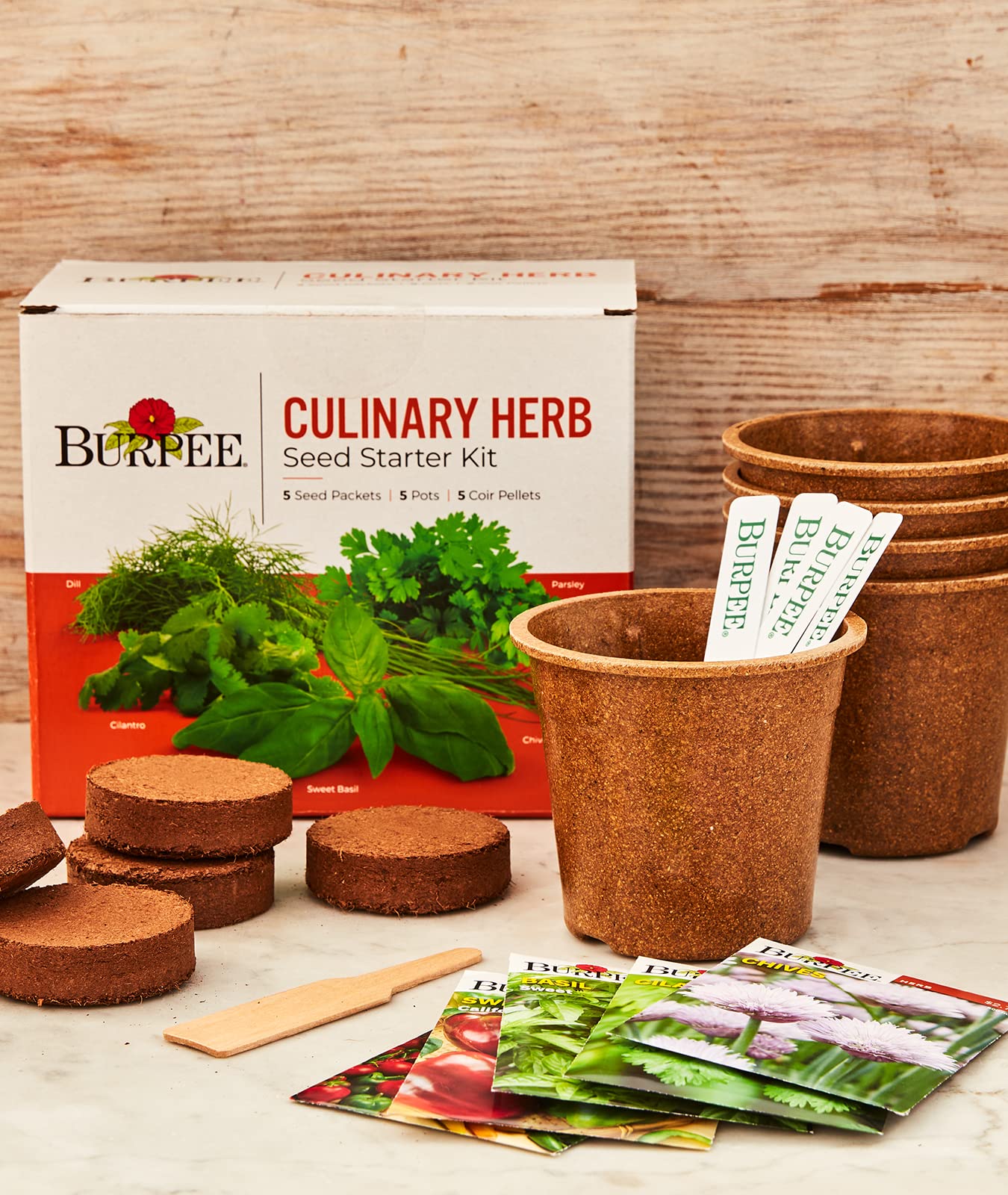 Burpee seed packets for cilantro, dill, parsley, basil, and chives