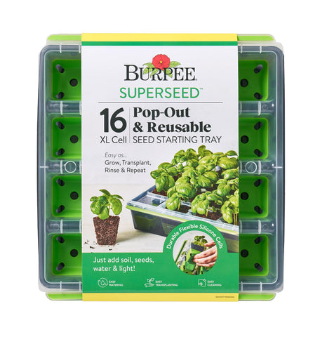 Burpee SuperSeed tray with 16 XL cells for deep-rooted seedlings, ideal for indoor germination
