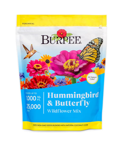 Burpee Wildflower 25,000 seeds bag ready for sunny garden, attracts pollinators.
