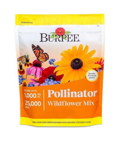 Burpee Wildflower 25,000 seeds bag provides a sun-loving pollinator mix.