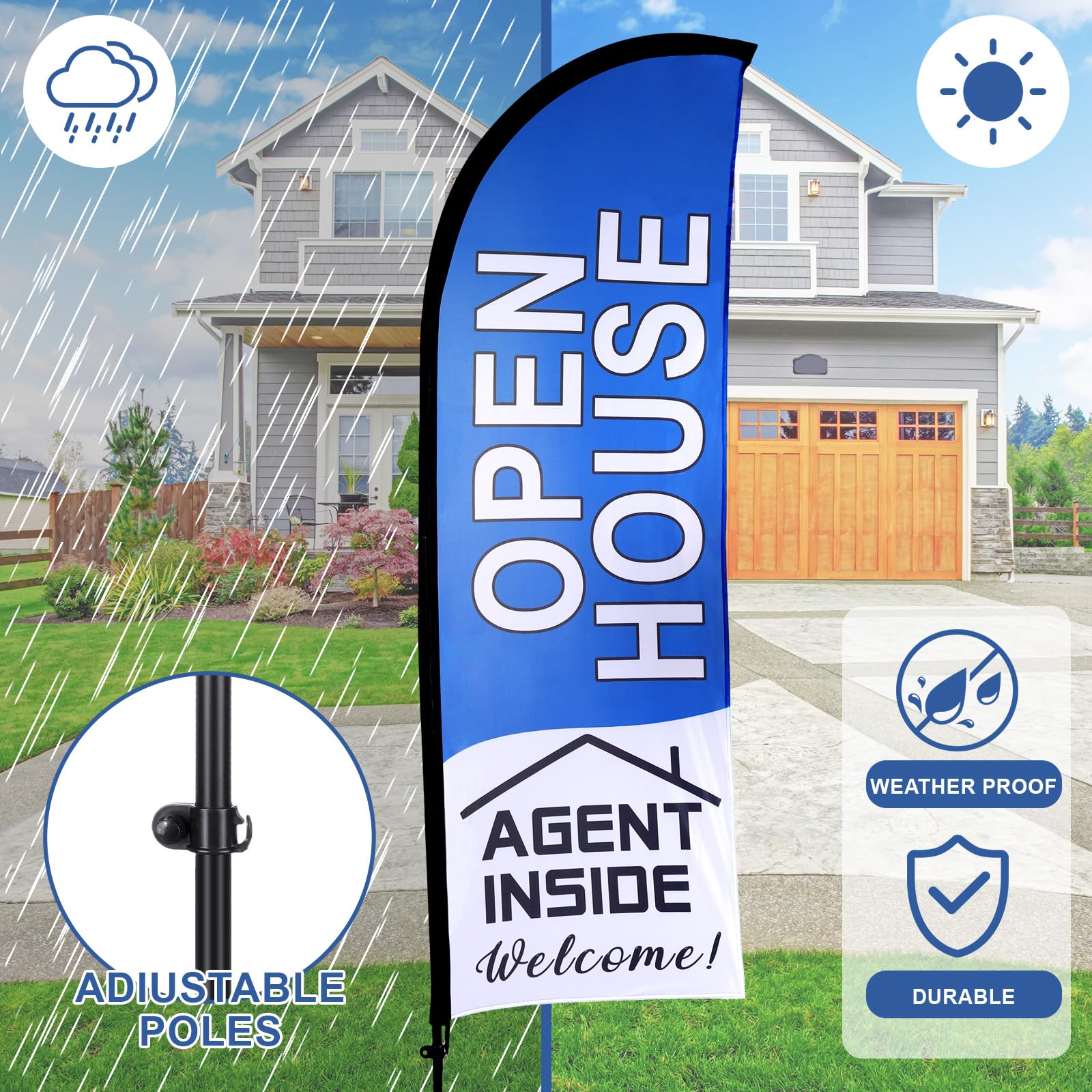 Buryeah open house flag kit uses sturdy poles and fabric for durability.